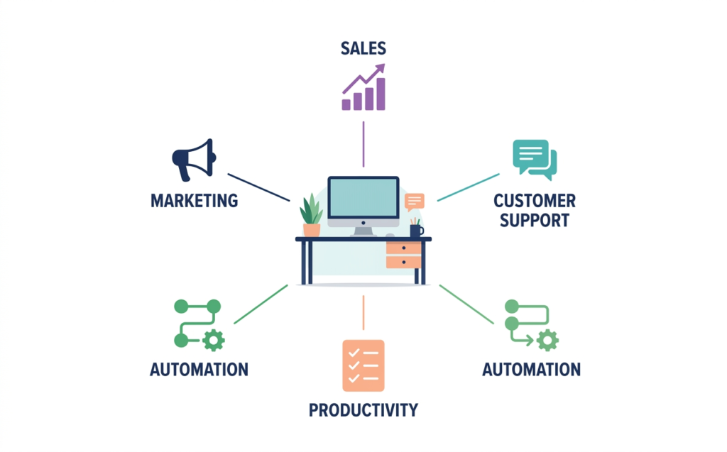 Infographic showing AI tools for small business marketing, sales, support, research, and automation