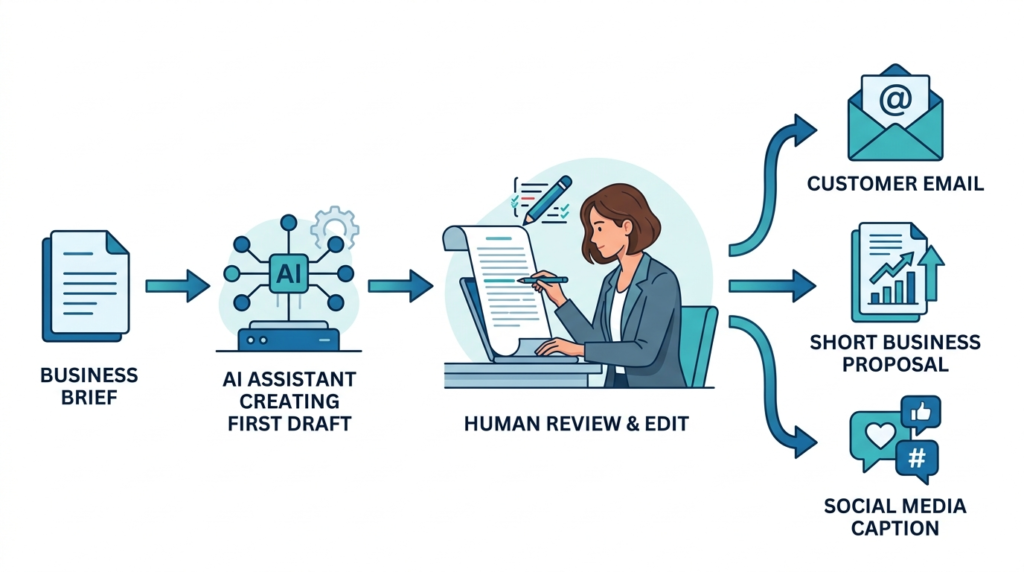 Small business AI workflow turning a customer brief into an email, proposal, and social media post