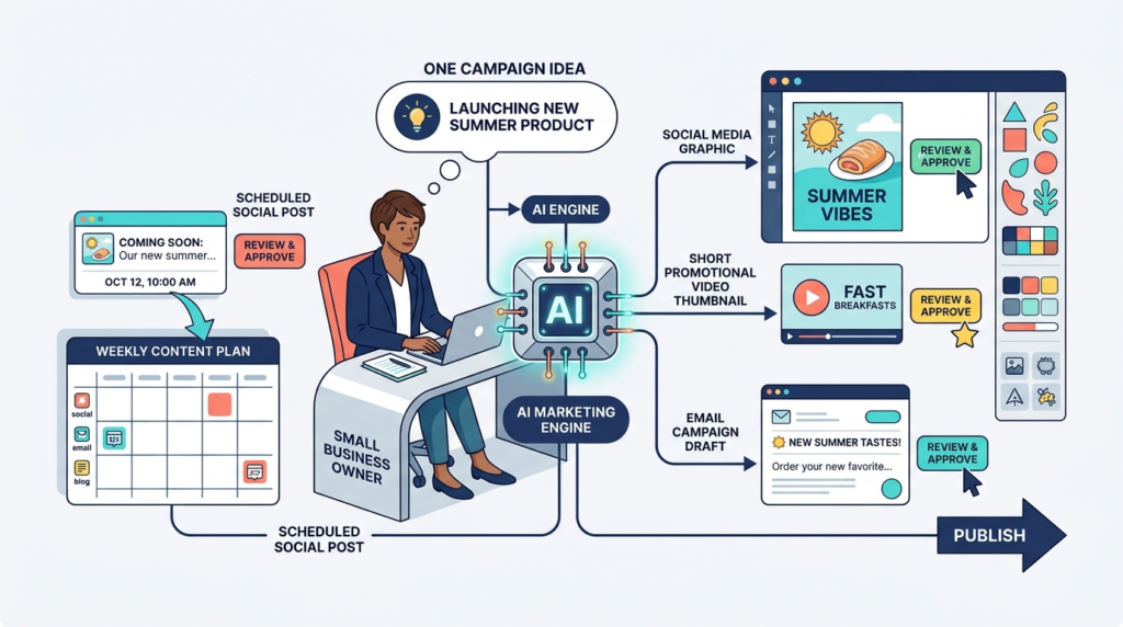 AI marketing workflow for creating small business social media content and visual campaigns