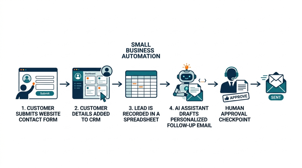 AI automation workflow connecting a website form, CRM, spreadsheet, and customer follow-up email