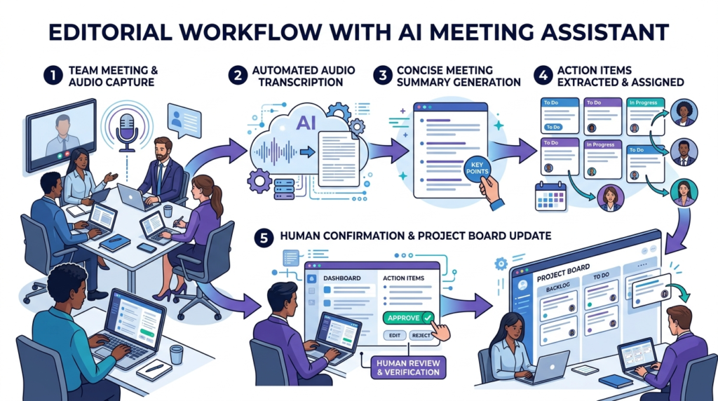 AI meeting assistant turning a business meeting into a transcript summary and action list