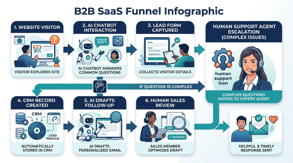 AI-powered small business sales and customer support workflow from lead capture to human follow-up