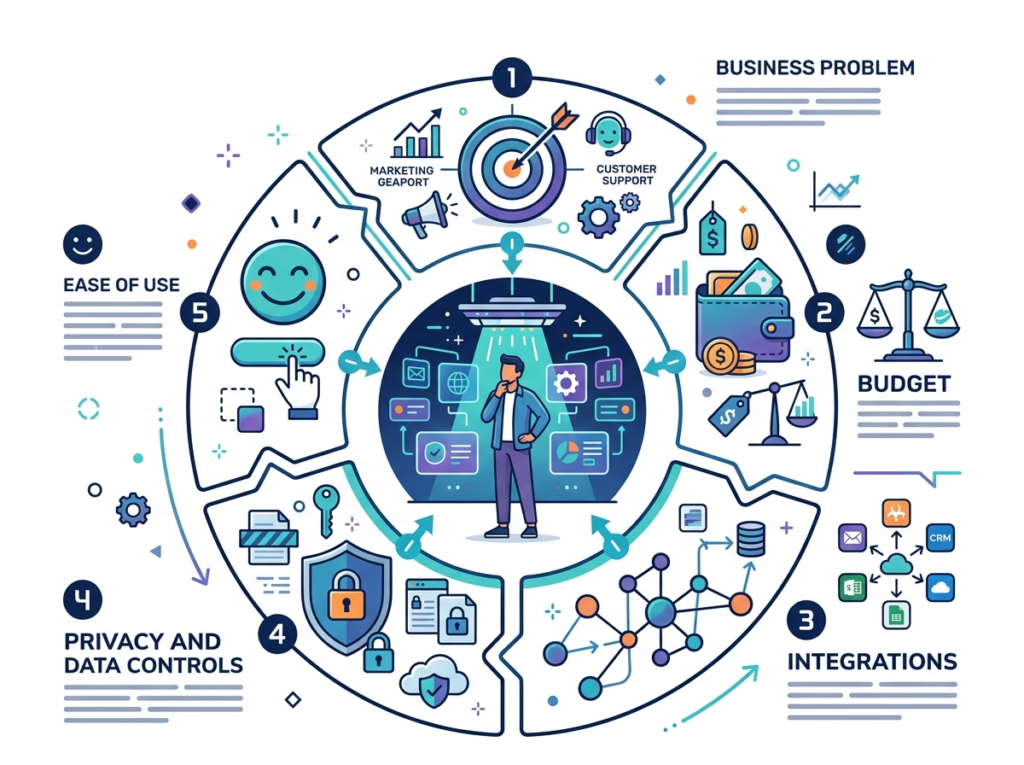 Decision framework for choosing an AI tool based on business problem budget integrations privacy and ease of use