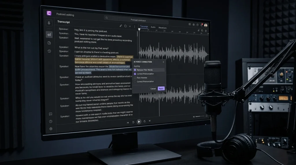 Text-based podcast editing with AI voice generation