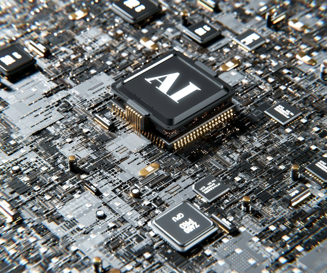 3D render of AI processors on a circuit board