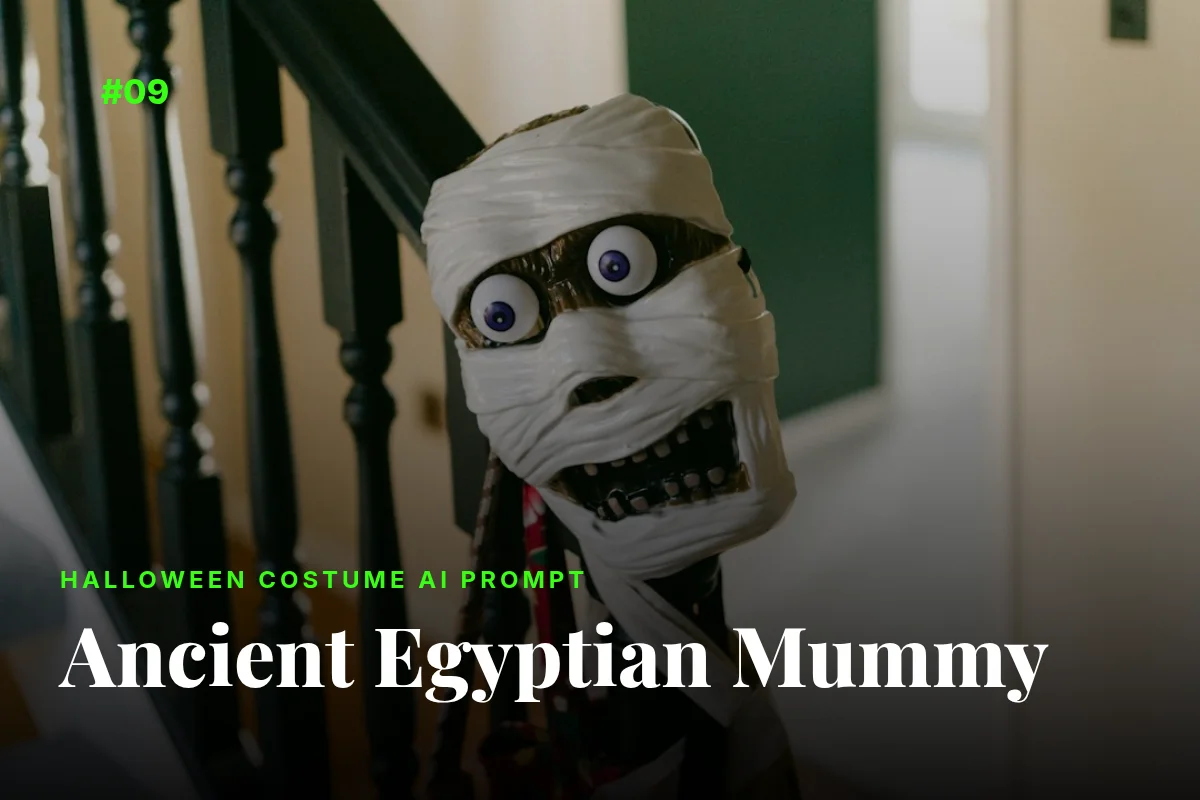 Ancient Egyptian mummy Halloween costume wrapped in bandages, AI prompt image
