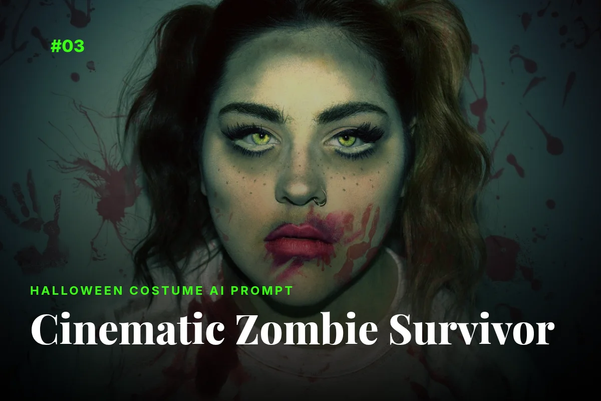 Cinematic zombie survivor Halloween makeup look, AI prompt image