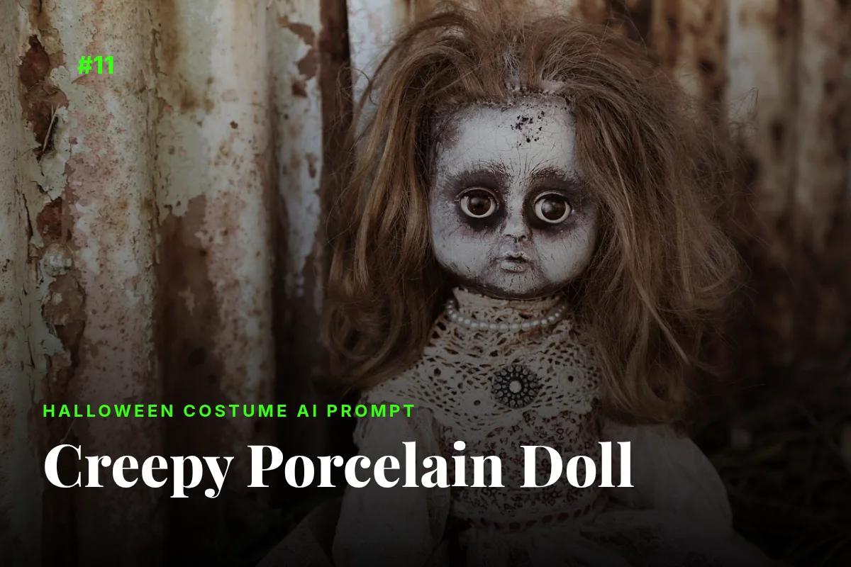 Creepy porcelain doll Halloween costume with cracked makeup, AI prompt image