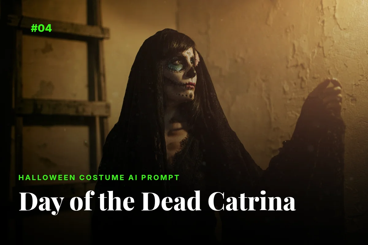 Day of the Dead Catrina skull face paint Halloween costume, AI prompt image