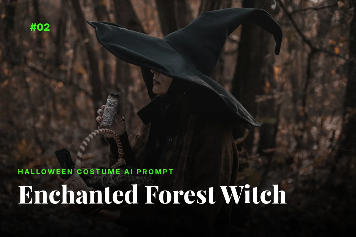Forest witch Halloween costume with pointed hat and wicker basket, AI prompt image