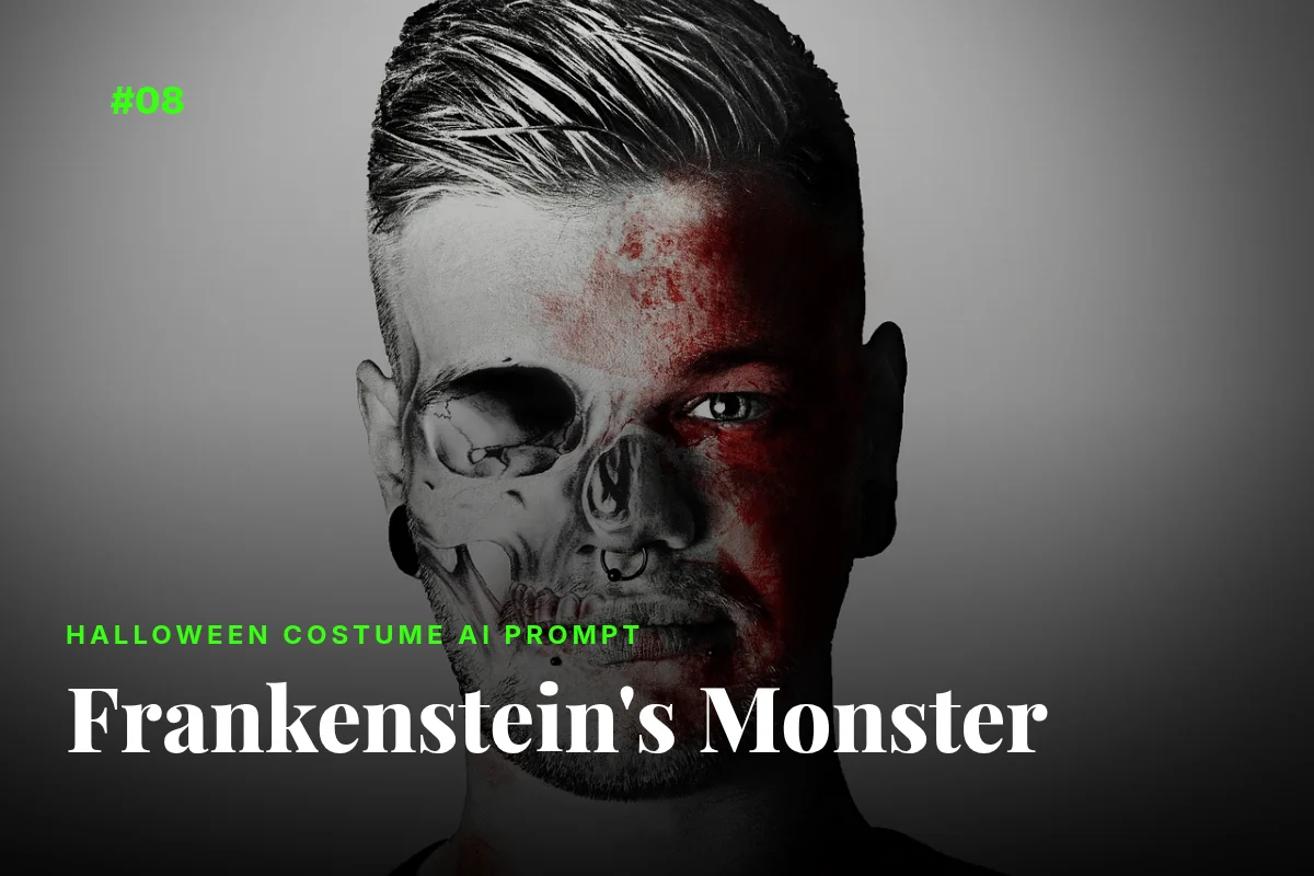 Frankenstein monster Halloween costume with stitched scars, AI prompt image