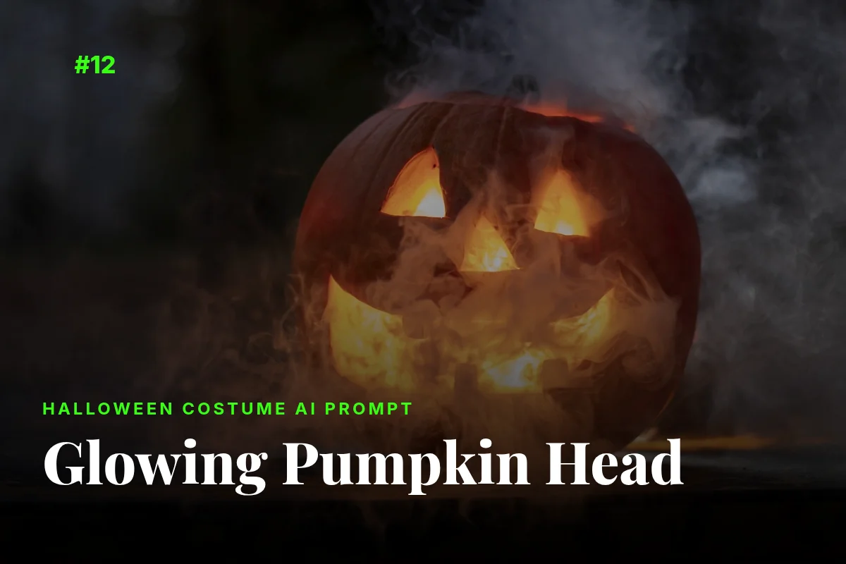 Glowing jack-o-lantern pumpkin head Halloween costume, AI prompt image