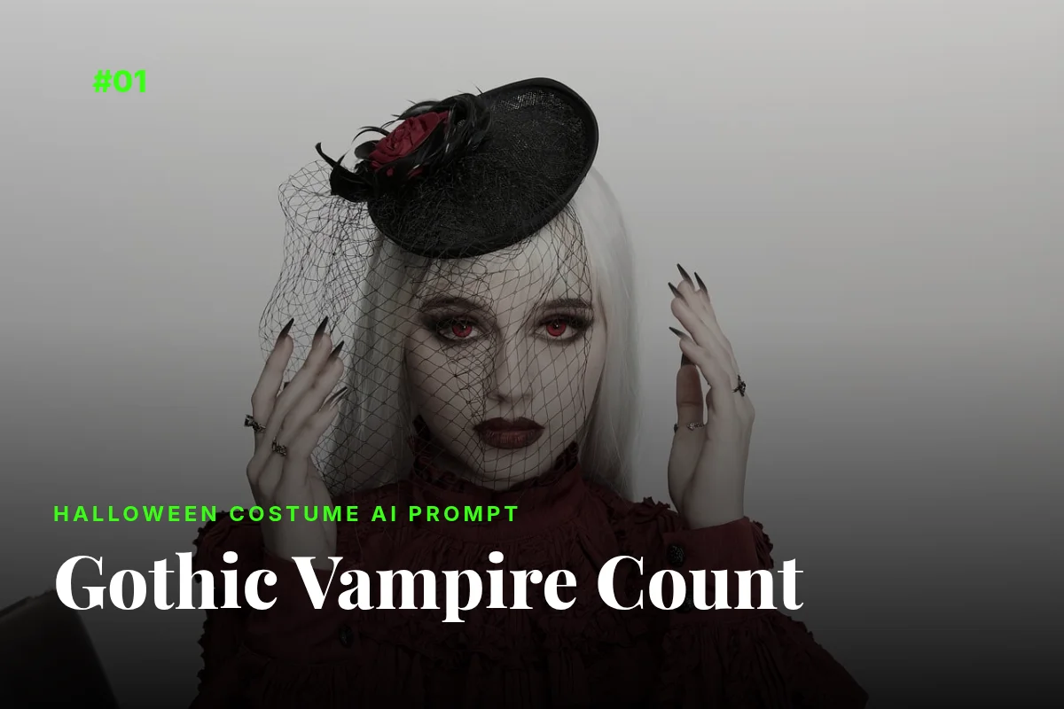 Gothic vampire count Halloween costume with dark lace and red lips, AI prompt image