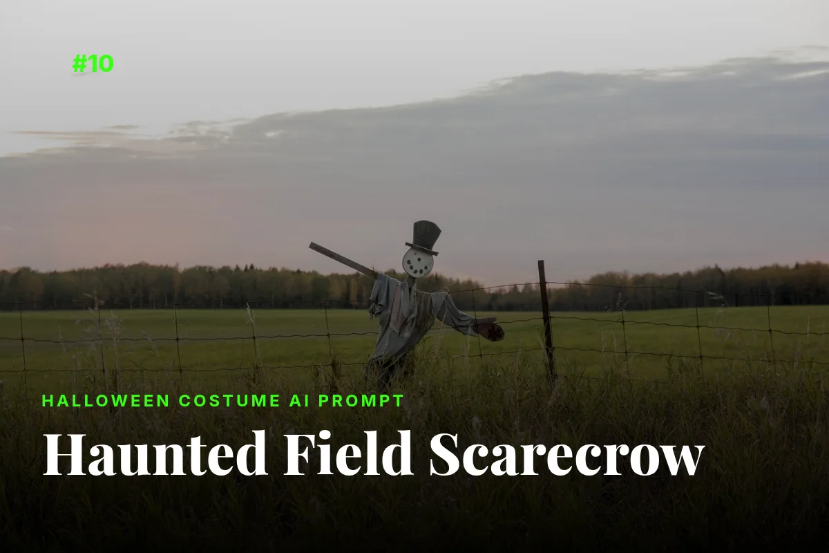 Haunted scarecrow Halloween costume in autumn field, AI prompt image