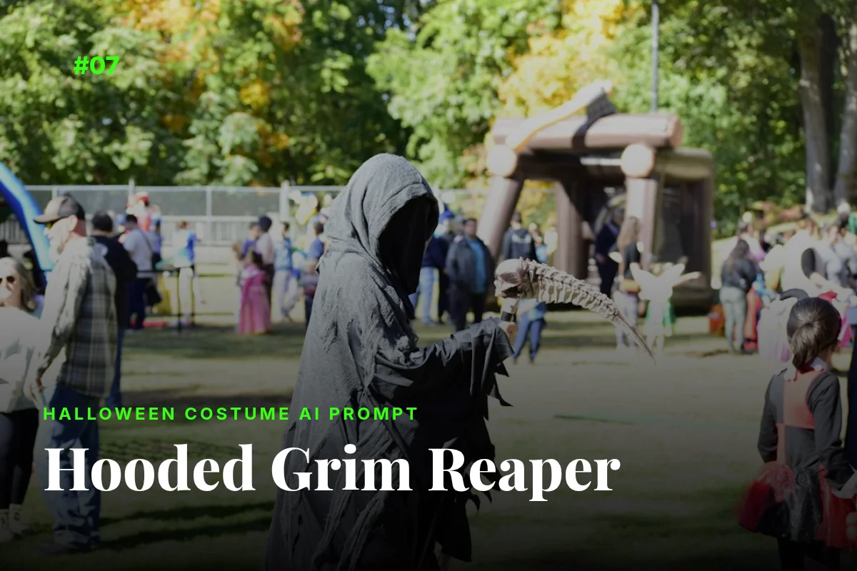 Hooded grim reaper Halloween costume in autumn field, AI prompt image