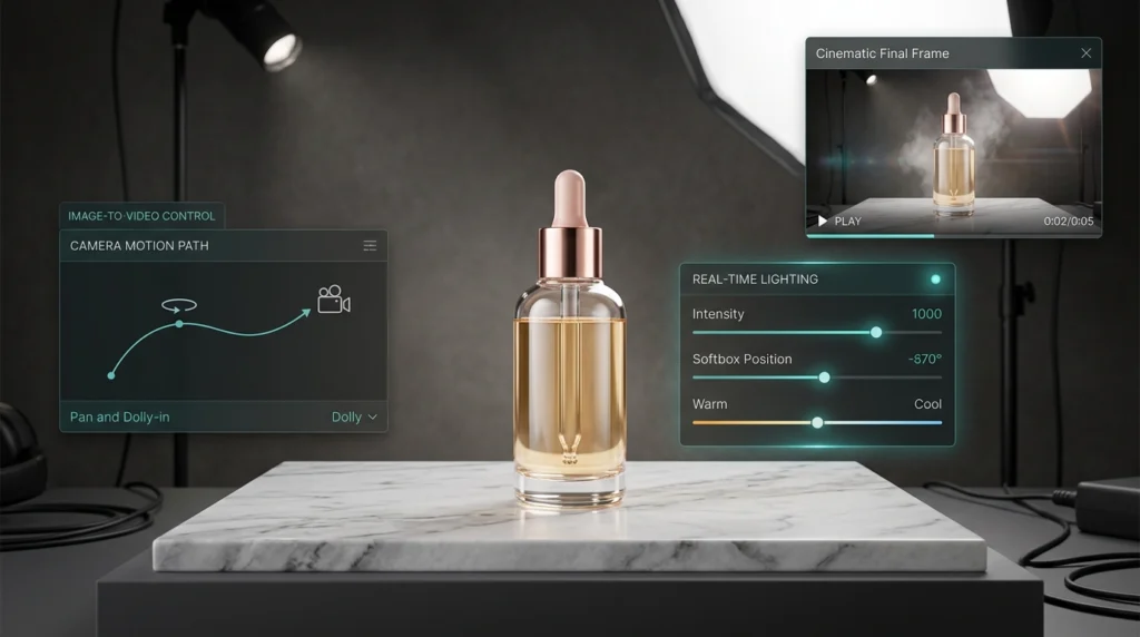 Runway-style AI video workflow showing a product photo transformed into a cinematic ad clip