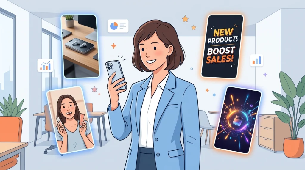 Person scrolling a phone while multiple vertical AI video ad variations appear around it