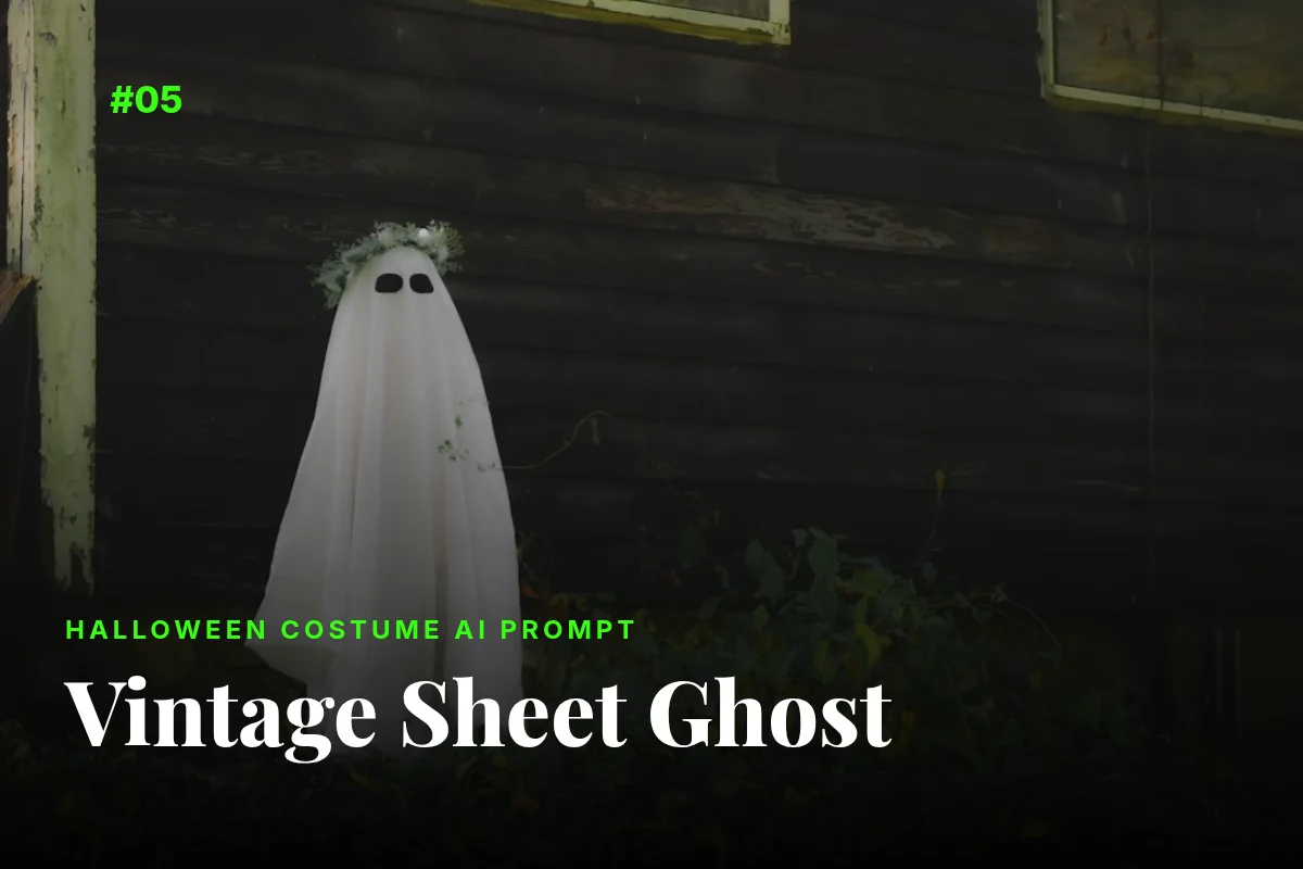 Vintage white sheet ghost Halloween costume with wreath, AI prompt image