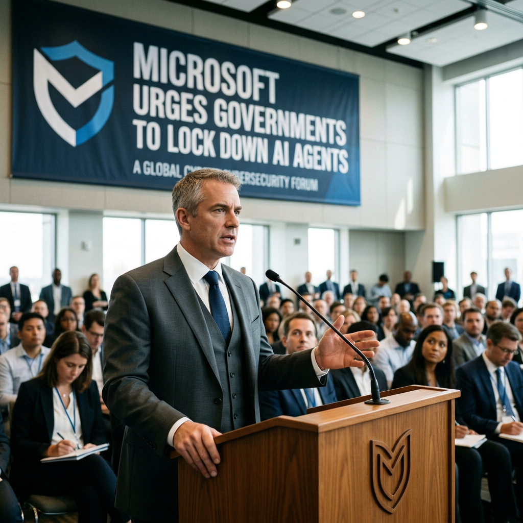 Speaker at podium before banner reading “MICROSOFT URGES GOVERNMENTS TO LOCK DOWN AI AGENTS” and “A GLOBAL CYBERSECURITY FORUM.”